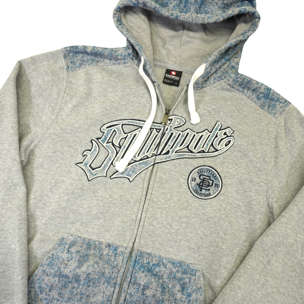 Southpole Full Zip Hoodie Mens L Gray Embroidered Logo Fleece Denim Print Y2K